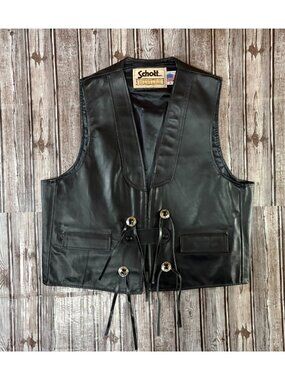Schott Western concho button Leather Vest size L color black made USA VTG 90's